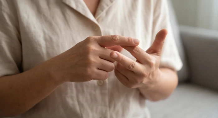 Bàn tay trái đang xòe ra dùng ngón cái để bấm đốt ngón tay nhẩm tính các cặp địa chi tương hại