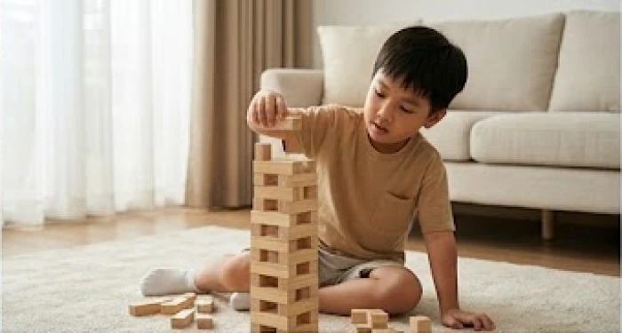 Bé trai hiếu động đang chơi xếp hình gỗ trên thảm phòng khách