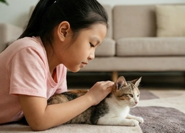 Bé gái Đinh Dậu dịu dàng chăm sóc chú mèo nhỏ trong phòng khách thể hiện bản tính chu đáo và giàu tình cảm