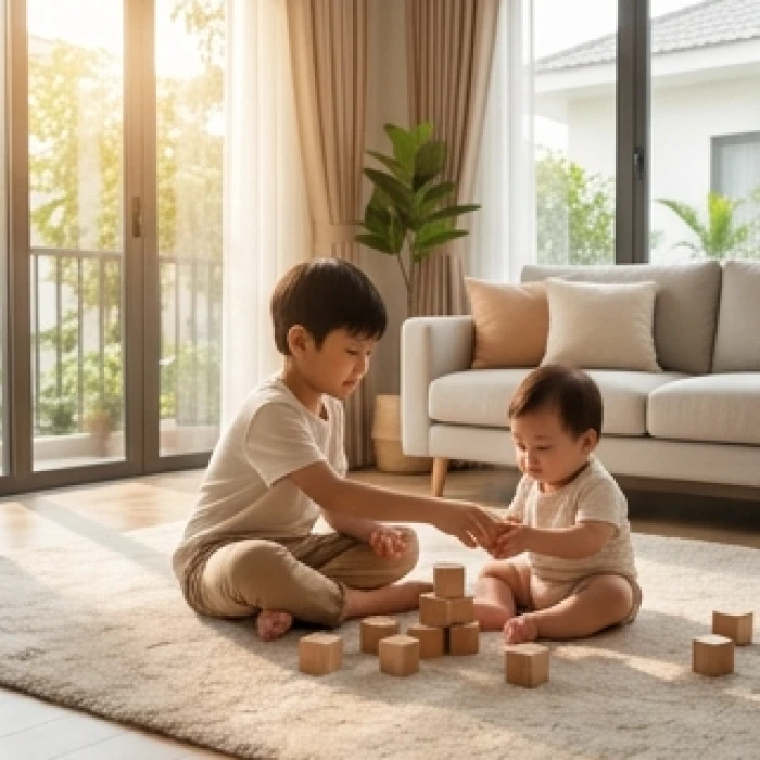 Bé trai và bé gái tuổi canh tý 2020 tự lập chơi xếp hình cùng em nhỏ trong không gian phòng khách ấm cúng