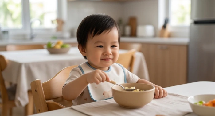 Bé nhỏ tuổi Tân Sửu 2021 ngồi ăn dặm ngoan ngoãn với chiếc bát ăn quen thuộc trong không gian phòng ăn ấm áp gọn gàng