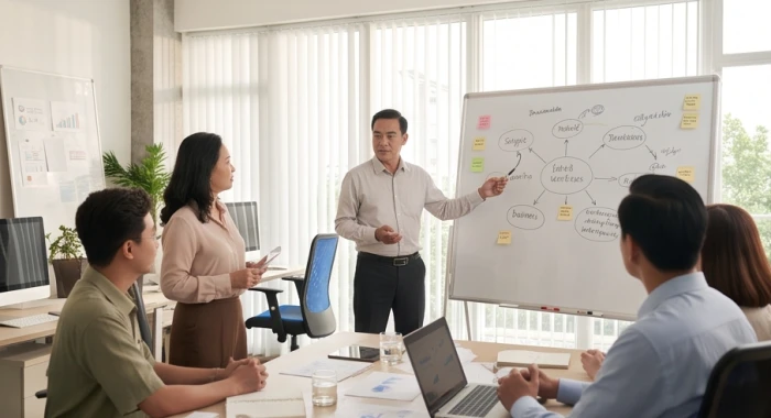 Quản lý tuổi Bính Thìn 1976 đang chủ động thuyết trình ý tưởng sáng tạo trong không gian làm việc mở thoáng đãng