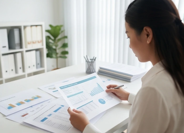 Quản lý tuổi Tuất xem xét kỹ lưỡng hợp đồng kinh doanh và báo cáo tài chính tại văn phòng