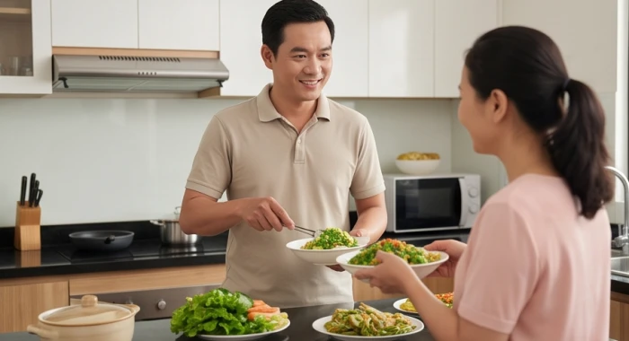 Người đàn ông Việt Nam tận tâm chuẩn bị bữa ăn ấm cúng cho gia đình thể hiện sự chăm sóc thiết thực trong tình yêu