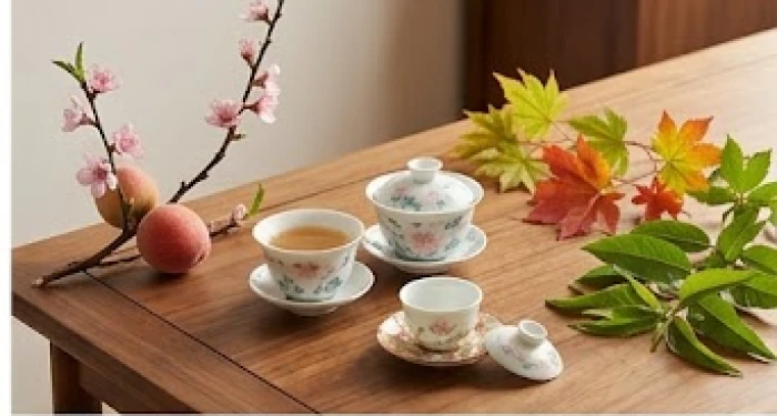 Khay trà mùa hạ và cành đào mùa xuân tượng trưng cho tính cách năng động của nhóm tuổi này