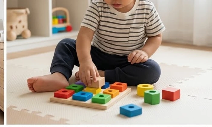 Bé trai tuổi Dần tự lập ngồi ghép hình gỗ trong phòng sáng sủa thể hiện sự thông minh và tập trung