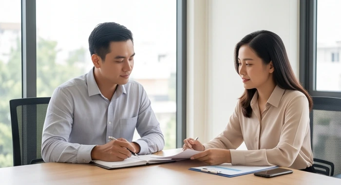 Hai người đồng nghiệp một nam một nữ đang trao đổi công việc bên bàn trà trong không gian văn phòng hiện đại