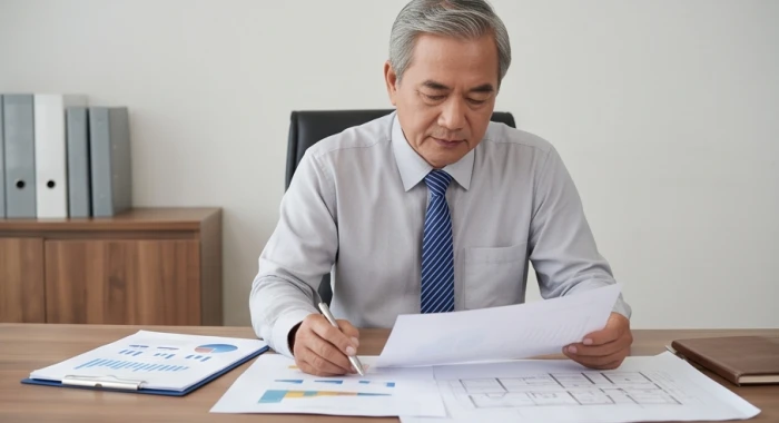 Doanh nhân trung niên tuổi Giáp Thìn điềm tĩnh xem xét kỹ lưỡng hồ sơ quy hoạch tài chính tại văn phòng làm việc
