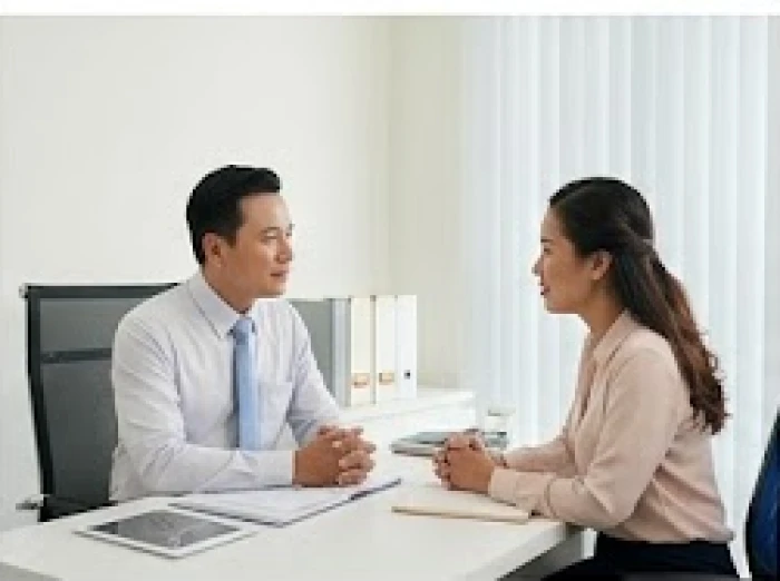Quản lý kiên nhẫn lắng nghe ý kiến phản hồi từ nhân viên trong một buổi họp riêng tại phòng làm việc