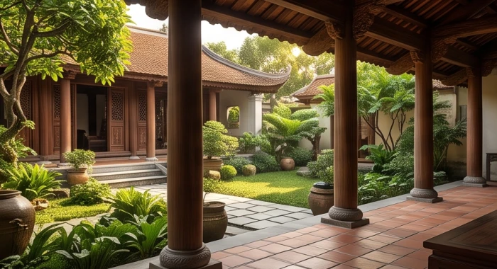 Khung cảnh ngôi nhà truyền thống vững chãi giữa sân vườn êm đềm thể hiện năng lượng thổ ổn định của giờ Thìn và Tuất