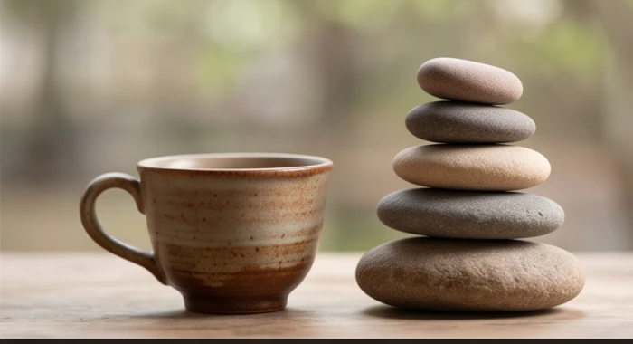 Tách trà gốm sứ mộc mạc đặt cạnh những viên đá cuội xếp chồng lên nhau thể hiện sự tĩnh tại