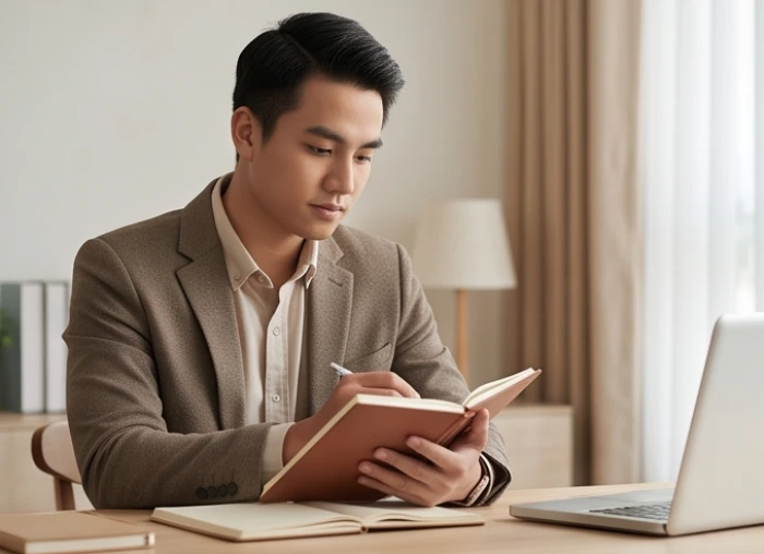 Thanh niên tuổi Kỷ Mão 1999 điềm tĩnh suy ngẫm trước sổ tay kế hoạch làm việc thể hiện sự cẩn trọng nguyên tắc