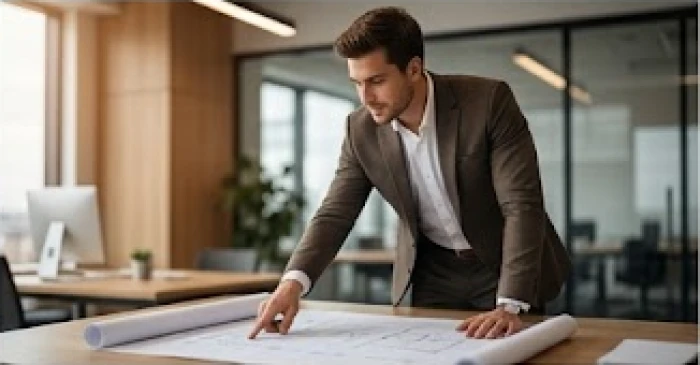 Doanh nhân trẻ đang tự tin trình bày dự án trên bảng kế hoạch thể hiện sự quyết đoán và năng lực dẫn dắt