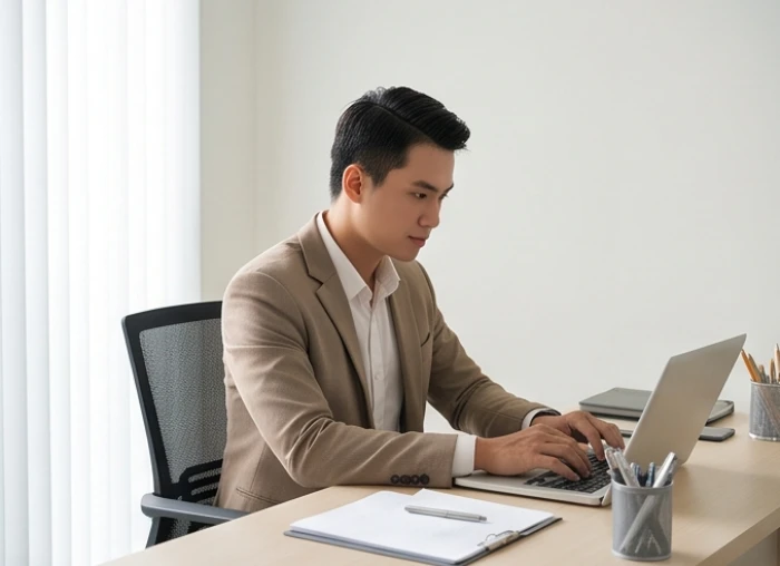 Doanh nhân trẻ tuổi Bính Tý tự tin và uyển chuyển trao đổi công việc trong không gian làm việc hiện đại