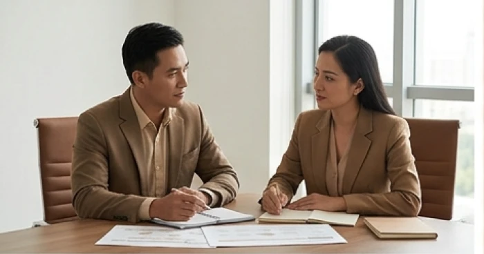Hai doanh nhân nam nữ tuổi mậu dần rà soát kế hoạch làm việc tại phòng họp sang trọng