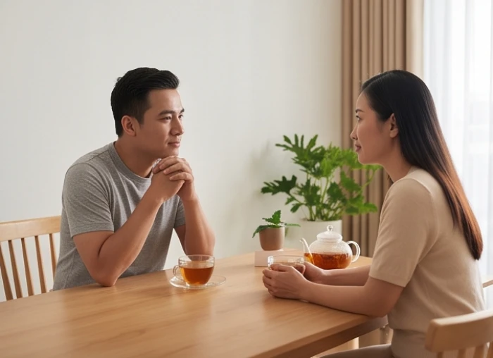 Vợ chồng trò chuyện chân thành bên bàn trà nhằm xoa dịu cái tôi quyết đoán của người tuổi Thìn