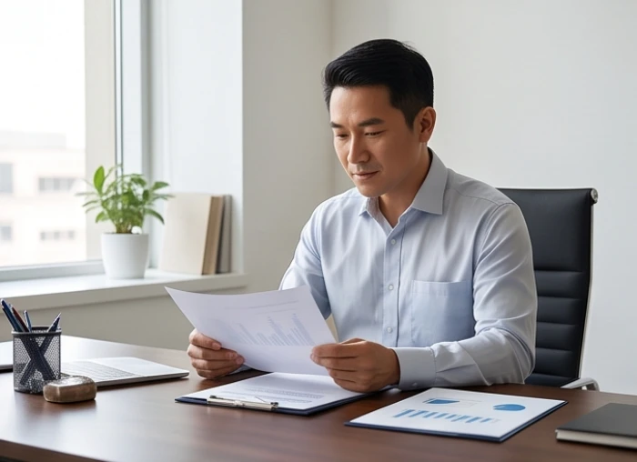 Doanh nhân nam Đinh Tỵ điềm tĩnh suy xét tài liệu doanh nghiệp bên bàn làm việc trong không gian hiện đại