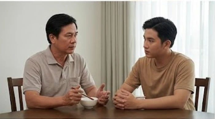Người đàn ông trụ cột gia đình sinh năm 1964 đang răn dạy và định hướng nghiêm túc cho các con bên bàn trà sinh hoạt