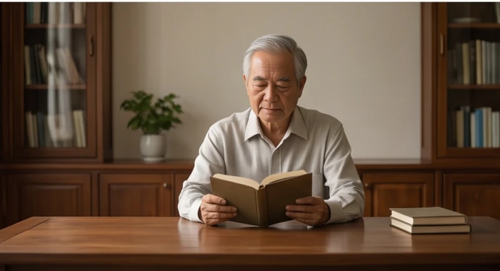 Người đàn ông tuổi trung niên có gương mặt điềm đạm đang tập trung đọc sách trong không gian tĩnh lặng