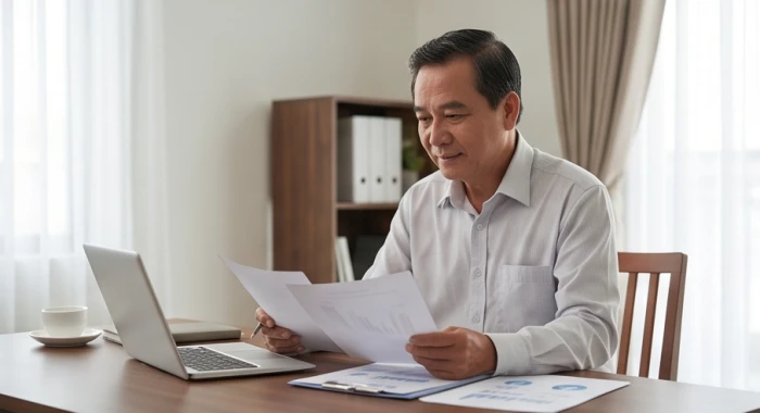 Gia chủ nam mạng tuổi Nhâm Dần 1962 điềm tĩnh nghiên cứu sổ sách tài chính tại phòng làm việc nội thất gỗ