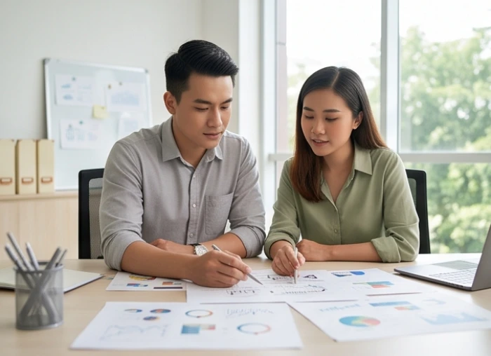 Hai bạn trẻ nam nữ làm việc nhóm trong không gian chuyên nghiệp phản ánh sự phân hóa tính cách tuổi ất dậu 2005