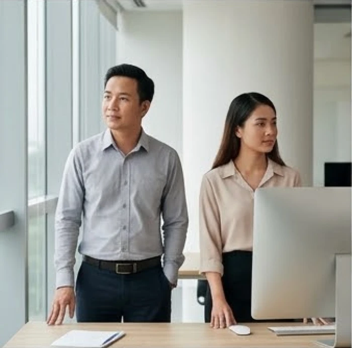 Hai người nam và nữ trong trang phục công sở đại diện cho sự khác biệt trong tư duy quản lý