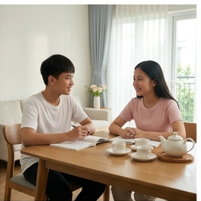Hai học sinh nam nữ tuổi nhâm thìn chia sẻ quan điểm học tập trong không gian gia đình đầm ấm