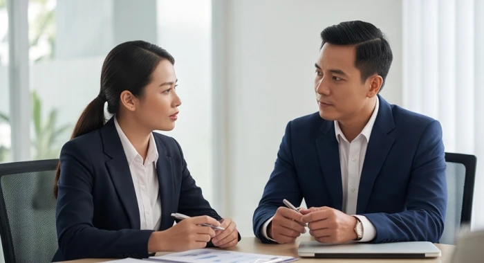 Cuộc thảo luận công việc nghiêm túc giữa nam quản lý và nữ đồng nghiệp sinh năm 1981 tại văn phòng