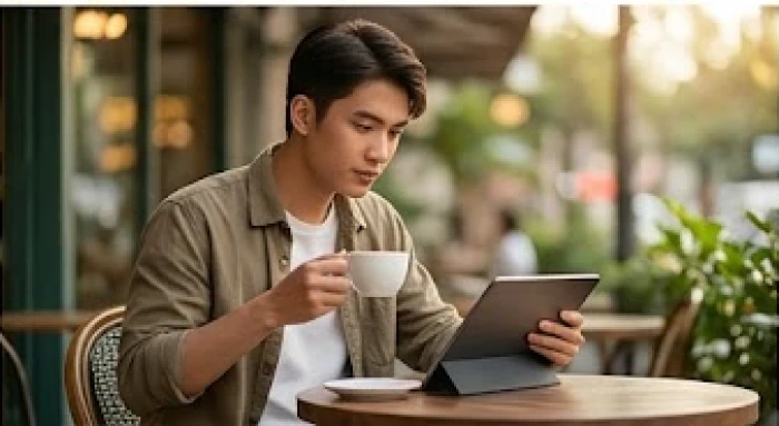 Chàng trai trẻ Quý Mùi 2003 đang thảo luận ý tưởng khởi nghiệp tại không gian cà phê mở đầy sức sáng tạo