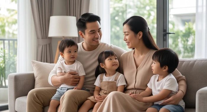 Người đàn ông tuổi dần kiên định gánh vác trách nhiệm và bảo bọc gia đình trong không gian ấm cúng