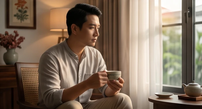 Người đàn ông tuổi dần suy ngẫm bên ly trà thể hiện tâm lý cẩn trọng và phòng thủ