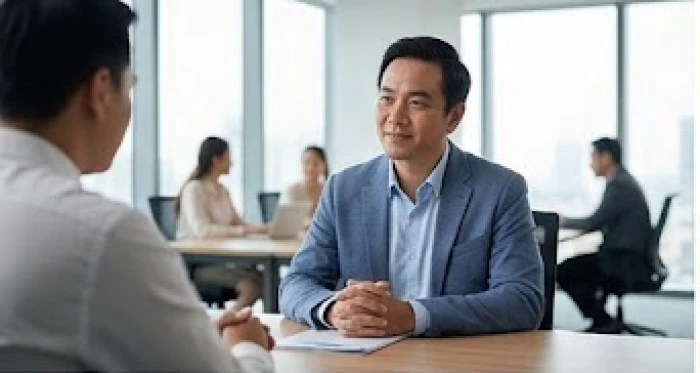 Người đàn ông điềm tĩnh quan sát nét mặt người đối diện để xử lý khéo léo tình huống giao tiếp tập thể