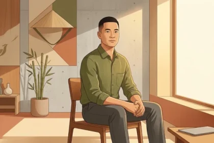 Hình minh họa nghệ thuật về tính cách nam tuổi mùi với sự điềm đạm và tinh thần kiên cường trong văn hóa Việt Nam