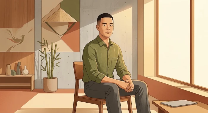 Hình minh họa nghệ thuật về tính cách nam tuổi mùi với sự điềm đạm và tinh thần kiên cường trong văn hóa Việt Nam