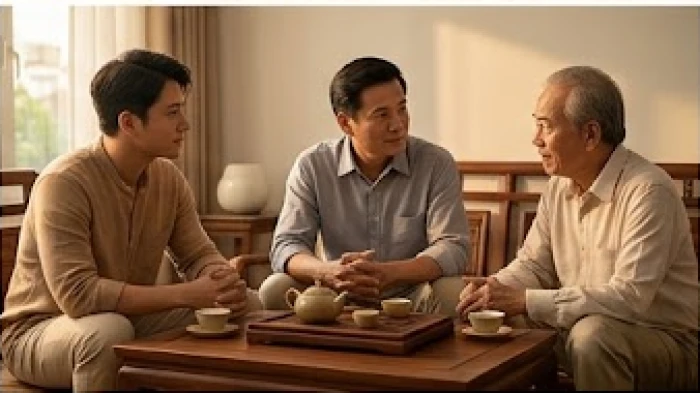 Ba thế hệ đàn ông cùng ngồi uống trà chia sẻ kinh nghiệm sống thể hiện tính cách nam tuổi mùi qua từng giai đoạn