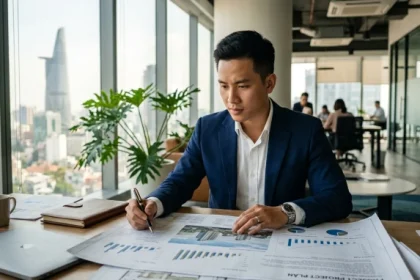 Hình ảnh nam giới thể hiện sự nhạy bén và tự tin đặc trưng của tính cách nam tuổi thân nơi công sở