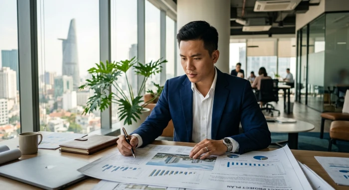 Hình ảnh nam giới thể hiện sự nhạy bén và tự tin đặc trưng của tính cách nam tuổi thân nơi công sở