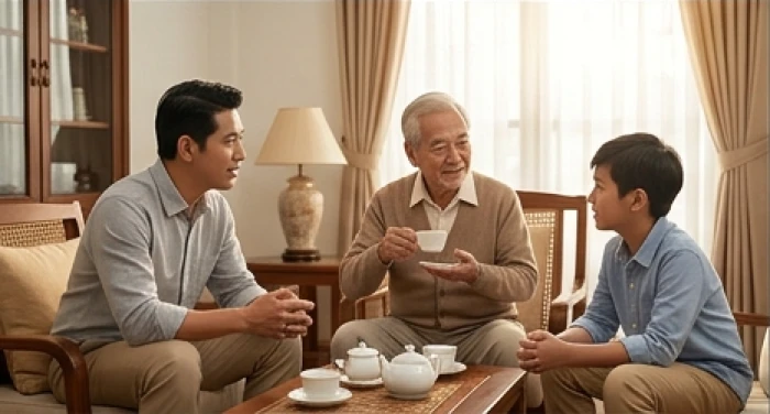 Ba thế hệ nam giới tuổi tý trò chuyện vui vẻ bên bàn trà gia đình thể hiện sự gắn kết giữa các năm sinh