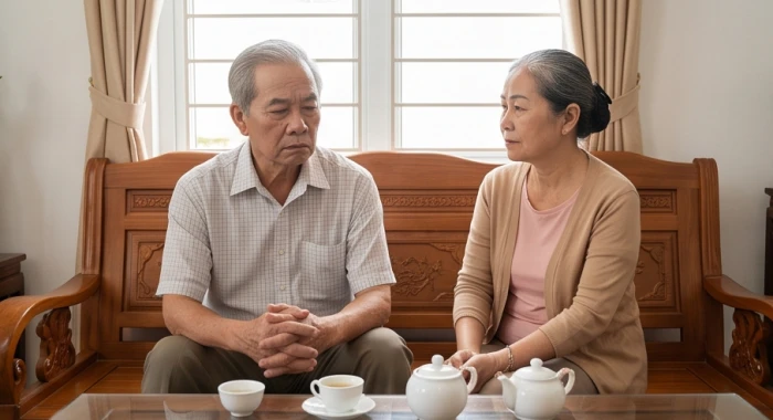 Bố mẹ lớn tuổi Nhâm Thìn đang cùng ngồi uống trà và trao đổi việc gia đình với những nét biểu cảm tâm lý đặc trưng