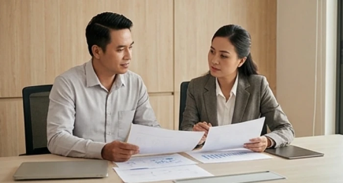 Hai đồng nghiệp nam và nữ thảo luận nghiêm túc thể hiện khác biệt trong tính cách tuổi tuất trước áp lực công việc