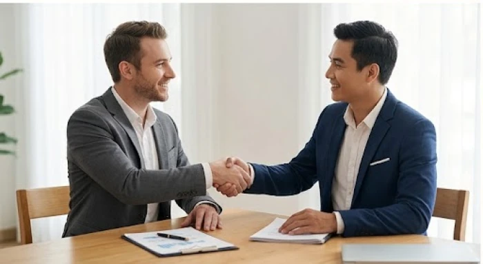 Hai người đồng nghiệp đang vui vẻ thảo luận và hỗ trợ nhau trong không gian làm việc mở
