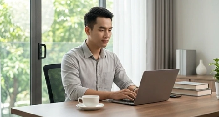 Góc làm việc thanh lịch tràn ngập ánh sáng tự nhiên thể hiện sự bình tâm của người sinh năm Bính Tý