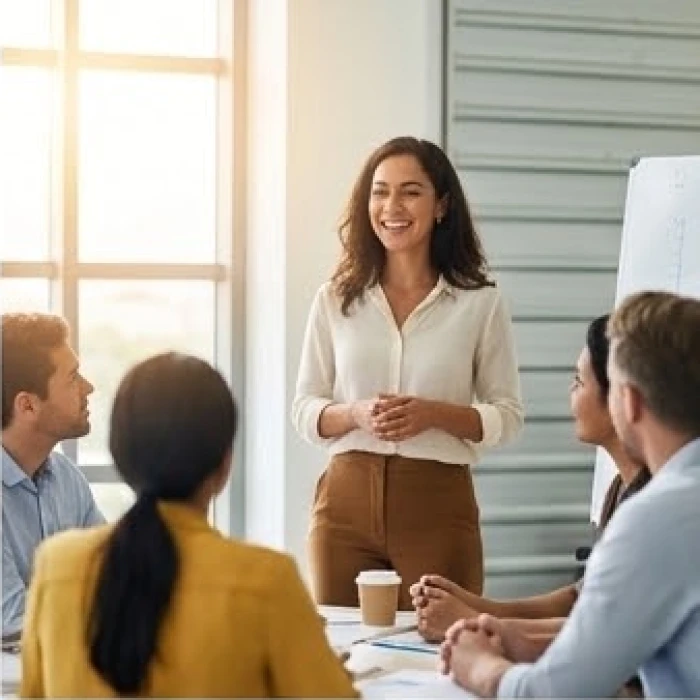 Một người phụ nữ đang tươi cười tự tin thuyết trình trước nhóm đồng nghiệp trong không gian văn phòng ngập tràn ánh sáng