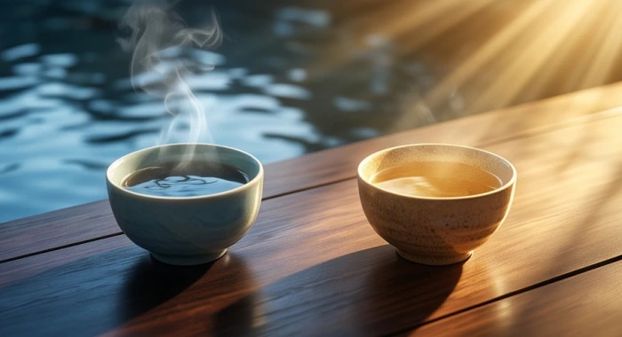 Hai chén trà sen mang phong thái đối lập tượng trưng cho năng lượng thủy tĩnh lặng giờ Tý và hỏa nhiệt tình giờ Ngọ