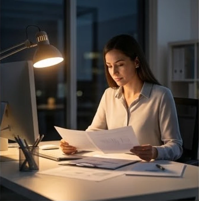 Nhân viên văn phòng miệt mài làm việc muộn dưới ánh đèn thể hiện tính cẩn trọng của người Thạch Lựu Mộc