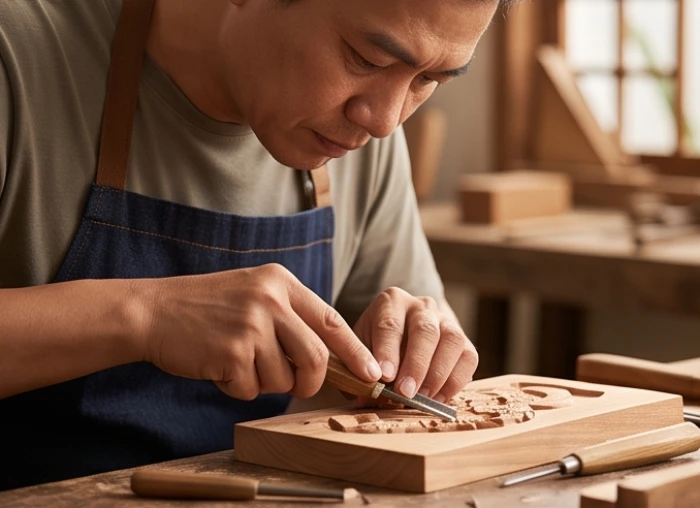 Người thợ thủ công cẩn thận chạm khắc gỗ thể hiện tính cách tỉ mỉ và cần mẫn đặc trưng.