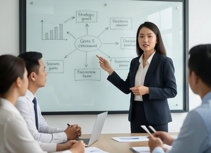 Quản lý dự án tuổi Thìn trình bày sơ đồ lập kế hoạch dài hạn với đội ngũ kỹ thuật tại phòng họp văn phòng