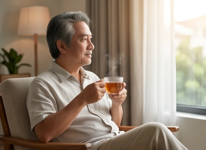 Người sinh năm nhâm tuất 1982 suy ngẫm bên tách trà ấm trong không gian yên tĩnh