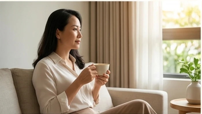 Nữ doanh nhân bính dần 1986 điềm tĩnh thưởng trà bên cửa sổ cân bằng giữa áp lực công việc và sự an yên trong tâm hồn