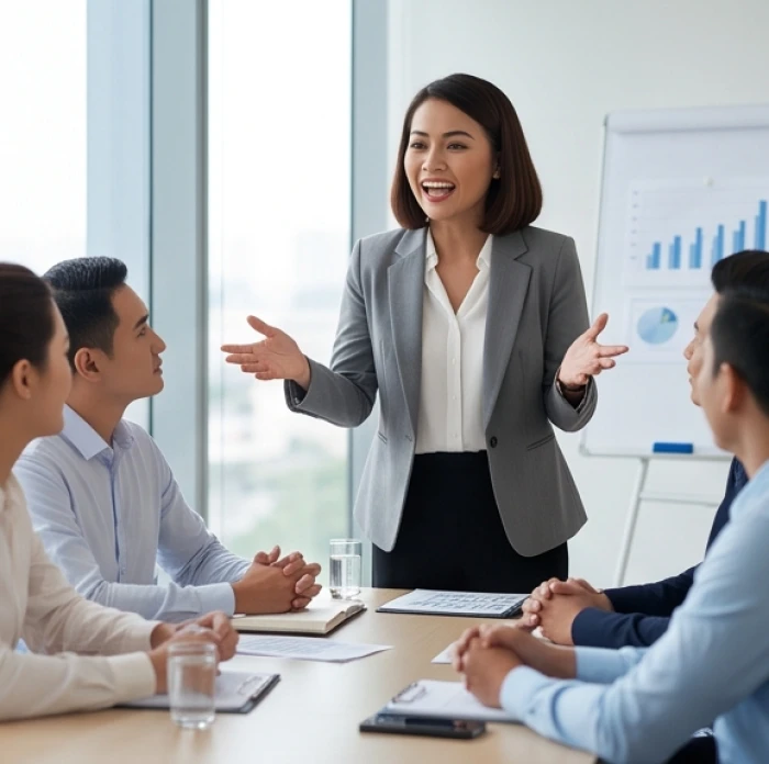 Nữ giới Bính Dần mệnh Hỏa thể hiện sự nhiệt huyết và bộc trực khi thảo luận ý kiến trong buổi họp nhóm công việc